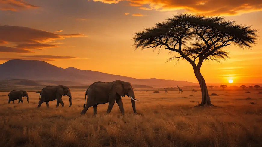Elefantes en la sabana africana al atardecer con acacias y jirafas al fondo