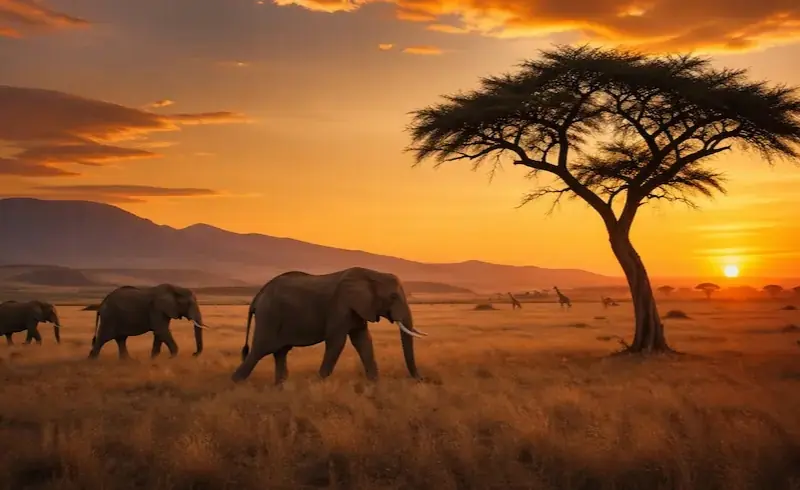 Elefantes en la sabana africana al atardecer con acacias y jirafas al fondo