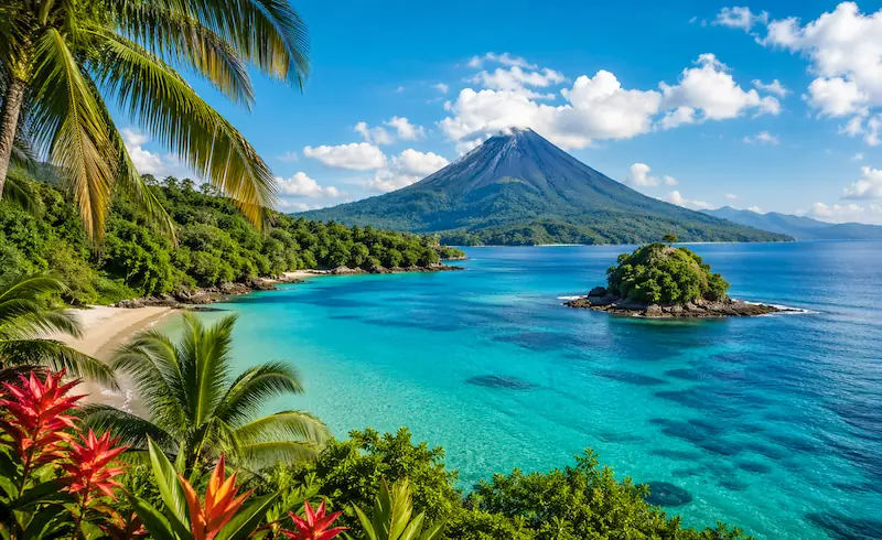 Playa tropical de Centroamérica y Caribe con volcán y aguas turquesas