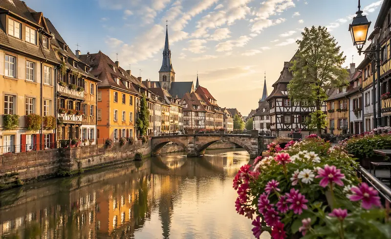 Canal y puente en una ciudad histórica de Europa al atardecer