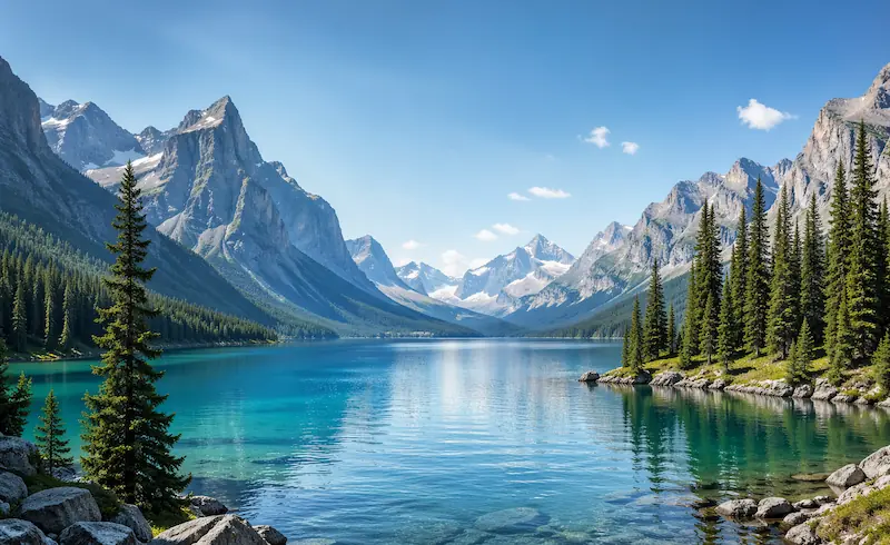 Lago de montaña en Norteamérica rodeado de bosques y picos nevados