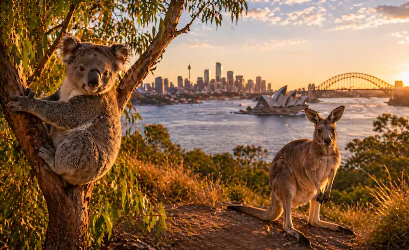 Koala y canguro con la bahía de Sídney al atardecer en Oceanía