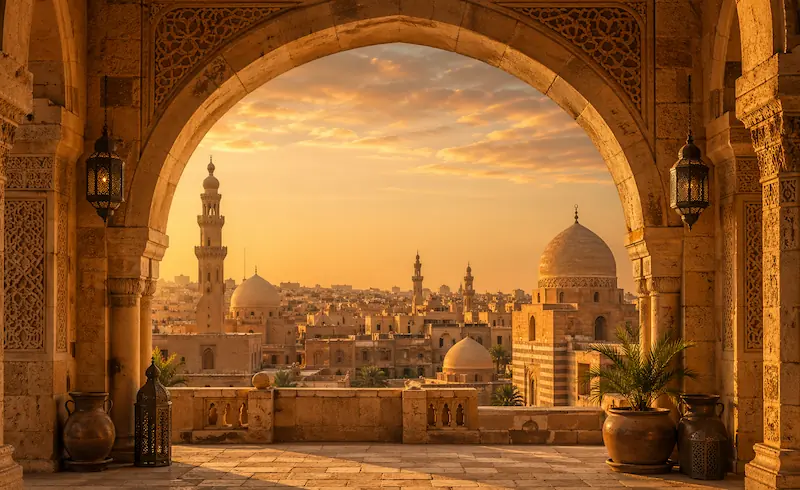 Arco y arquitectura tradicional de Oriente Medio al atardecer