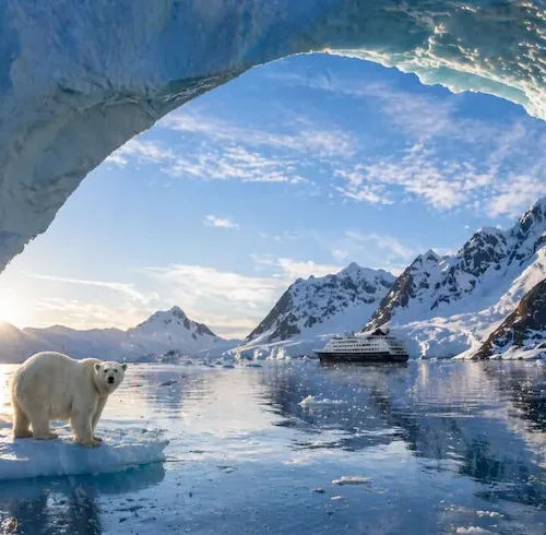 Oso polar junto al hielo con montañas nevadas y barco en un paisaje polar