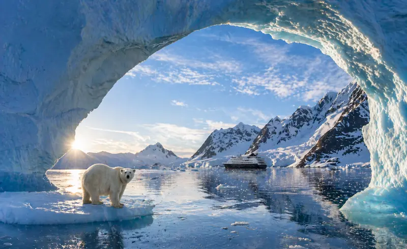 Oso polar junto al hielo con montañas nevadas y barco en un paisaje polar